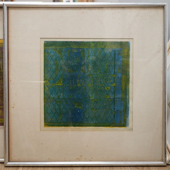 Three colour screen prints, Abstract compositions, including one by Kay Homewood and one by Margaret Foy, each signed, 33 x 32cm. Condition - fair